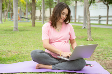 Asian pregnant woman is working with a laptop on the lawn in the park.