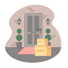 Contactless delivery. Some purchases in cardboard left at doormat. Apartment entrance door with package.