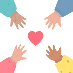 Kids hands reach out for heart and to each other.