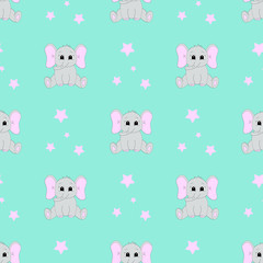 Seamless pattern with cartoon baby elephant. Vector illustration.