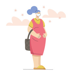 Young pregnant woman wearing medical mask, thinking and worrying about coronavirus infection. Virus danger for pregnancy