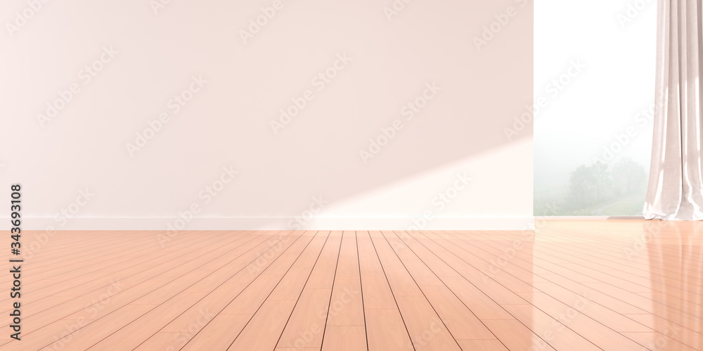 Aufkleber mock-up of white empty room and wood laminate floor with sun light cast the shadow on the wall,persp