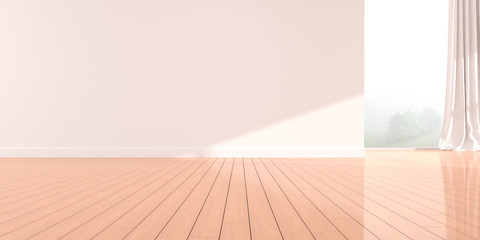 Mock-up of white empty room and wood laminate floor with sun light cast the shadow on the wall,Perspective of minimal interior design with white curtain. 3D rendering.