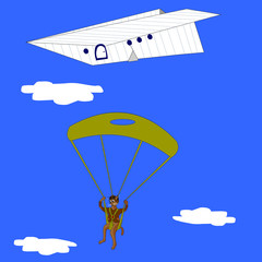 The cat jumped with a parachute from a paper airplane