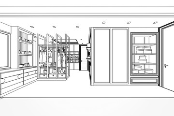 outline sketch drawing interior perspective of house