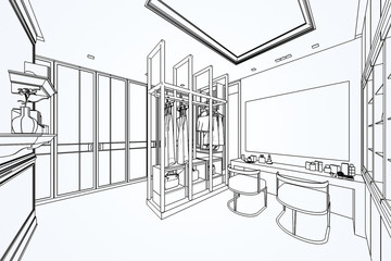 outline sketch drawing interior perspective of house