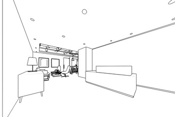 interior outline sketch drawing perspective of a space office