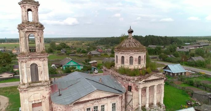 ruined orthodox church, village tolmachi, ruined, orthodox, church, close up, cover shot, track out, track in, fly out, fly in, top view, unveiling shot, overflight, far distance, horizontal pan, cran