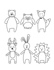 A set of simple silhouettes of cartoon animals, hare, Fox, deer, owl, bear, hedgehog. A primitive outline, a fun toy, a fantasy. Cute coloring book for small children, vector illustration.