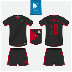 Naklejka premium Soccer jersey or football kit mockup template design for sport club. Football t-shirt sport, shorts mock up. Soccer uniform in front view, back view . Football logo in flat design. Vector Illustration