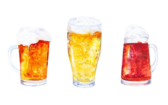 Set of two mugs of cold fresh dark beer with a thick foam and one glass of light beer. Watercolor illustrations isolated on a white background