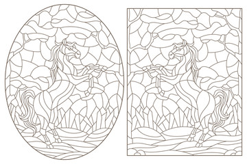 Set of contour illustrations of stained glass Windows with wild horses on a background of forest landscape, dark contours on a white background
