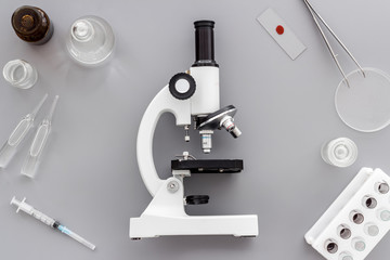 Microscope medical reserch. Blood sample for analysis. Grey table top view