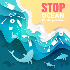 Paper art of ecological concept. Stop ocean plastic pollution with marine animals and plastics icon in the ocean.