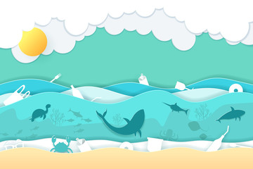Paper art of ecological concept. Stop ocean plastic pollution with marine animals and plastics icon in the ocean.