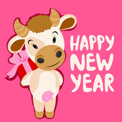 Cute cartoon cow, bull with Christmas present  symbol 2021 on the eastern calendar. Humor card, t-shirt design composition, hand drawn style print. Vector illustration.