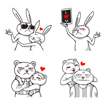 Couple bear and rabbit sweet love, happy cartoon style
