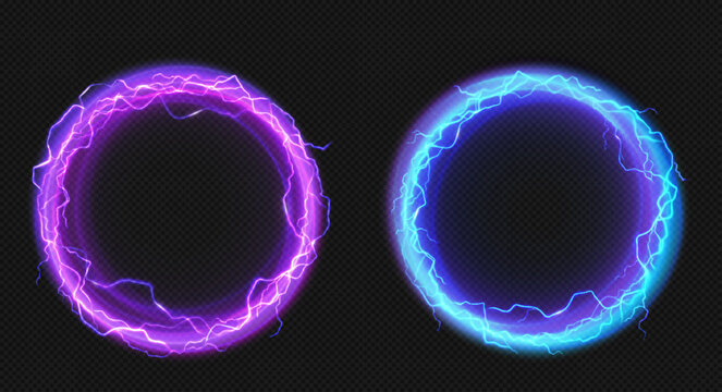 Electric lightning circles with blue and purple glow effect. Illuminated neon round frames. Vector realistic set of digital rings with sparking electrical discharge isolated on transparent background