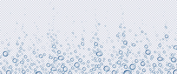 Air bubbles, effervescent water fizz border. Dynamic aqua motion, randomly moving underwater fizzing, soda drink frame design on transparent background, Realistic blue 3d vector illustration - obrazy, fototapety, plakaty