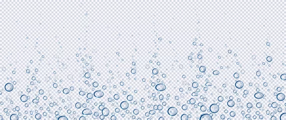 Foto op Plexiglas Air bubbles, effervescent water fizz border. Dynamic aqua motion, randomly moving underwater fizzing, soda drink frame design on transparent background, Realistic blue 3d vector illustration © klyaksun