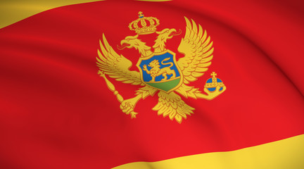 Montenegro National Flag (Montenegrin flag) - waving background illustration. Highly detailed realistic 3D rendering