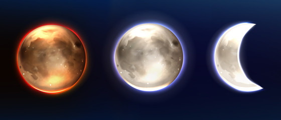 Realistic moon, lunar full and waning phases. Earth satellite, Phoebe astrology detailed object with craters, round shining dial with red and blue glowing halo on night dark sky 3d vector illustration © klyaksun