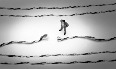 Men are watching a Rope broke on white background,life problem