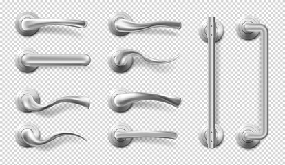 Fototapeta Metal door handles for room interior in office or home. Vector realistic set of modern chrome lever handles in different shapes and long door pulls isolated on transparent background obraz
