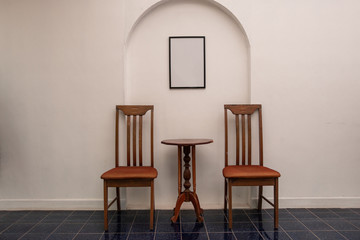 Wooden table and chair at coffee shop.