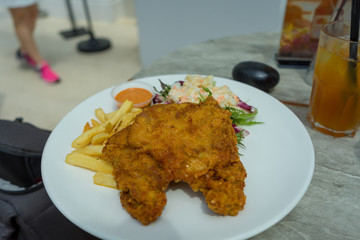 Fish and chips in a hotel in Singapore.