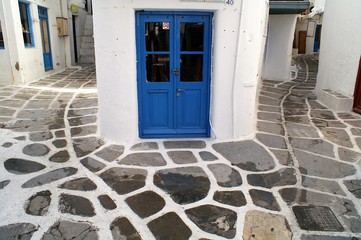 Greece, Cyclades islands, Mykonos, narrow traditional street in the main town.