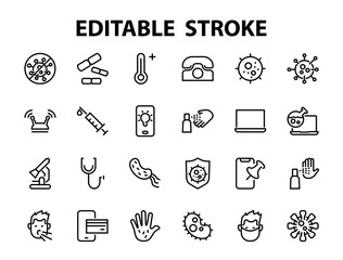 CORONAVIRUS set of icons on the theme of coronavirus, contains icons such as antiseptic, hand washing, mask, bacteria, sneezing, temperature Editable stroke, Vector illustration