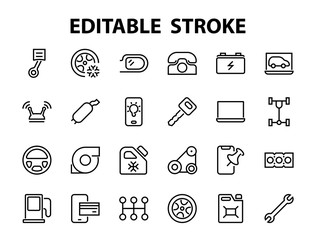 A simple set of car services related vector line icons. Contains icons such as oil, diagnostics, turbine, steering wheel, chassis, gearbox and much more. Editable move. 480x480 On a white background