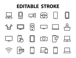  set of smart devices and gadgets, computer hardware and electronics. Electronic device icons for web and mobile vector lines. Editable stroke. 480x480 pixels