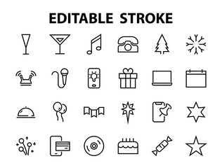  Simple set of celebration icons related to vector line. Contains icons such as music, new year, stars, balls, cake, karaoke, dj and much more. Editable stroke. 480x480