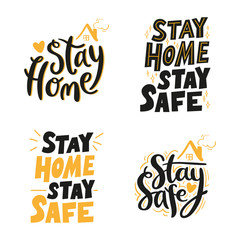 Fototapeta premium Handwritten lettering set, stay home, stay safe. Handdrawn black and yellow calligraphy isolated on white background. Coronavirus Covid-19, quarantine motivational posters design for web, print.