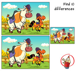 Bull and pony in jockey caps. Find 10 differences. Educational game for children. Cartoon vector illustration