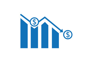 Dollar rate decrease vector line icon. Money symbol with down arrow. Lower cost icon. Financial crisis vector icon, Lower cost icon, Business lost crisis decrease vector illustration. Editable stroke.