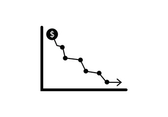 Dollar rate decrease vector line icon. Money symbol with down arrow. Lower cost icon. Financial crisis vector icon, Lower cost icon, Business lost crisis decrease vector illustration. Editable stroke.