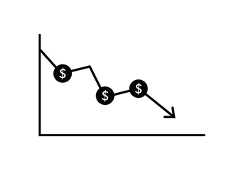 Dollar rate decrease vector line icon. Money symbol with down arrow. Lower cost icon. Financial crisis vector icon, Lower cost icon, Business lost crisis decrease vector illustration. Editable stroke.