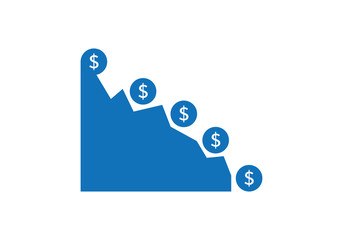 Dollar rate decrease vector line icon. Money symbol with down arrow. Lower cost icon. Financial crisis vector icon, Lower cost icon, Business lost crisis decrease vector illustration. Editable stroke.