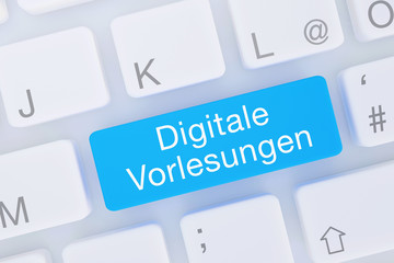 Digitale Vorlesungen. Computer Tastatur von oben zeigt Taste mit Wort hervorgehoben. Software, Internet, Programm