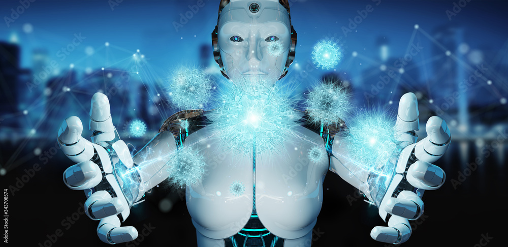 Poster Robot analyzing bacteria with digital holographic projection close-up 3D rendering