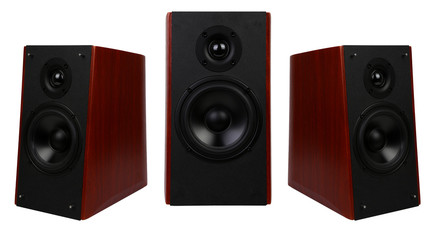 three wooden multimedia speaker system with different speakers over white background