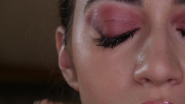 Actress Getting Foundation Make Up Brushed On Face Close Up And Slow Motion