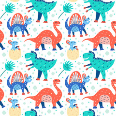 Set of little cute dinosaurs. Triceratops, T-rex, diplodocus, pteranodon, stegosaurus. Prehistoric animals. Jurassic world. Flat cartoon colourful vector hand drawn seamless pattern, texture. © Fox._.biz