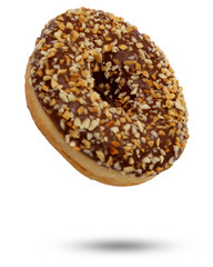 chocolate donut dessert with chocolate glaze and nuts sprinkles isolated on white background