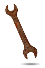 rusty spanner isolated on white background. old metal wrench