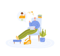 Elderly people and online communication - children or young adults call grandparents, online chatting and video call concept, social distance isolation and connection with devices vector illustration