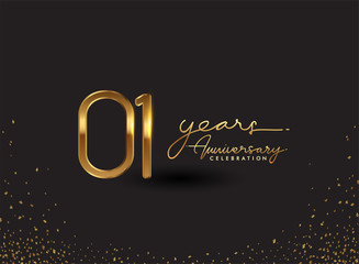 1 Year Anniversary Logo with Confetti Golden Colored isolated on black background, vector design for greeting card and invitation card.